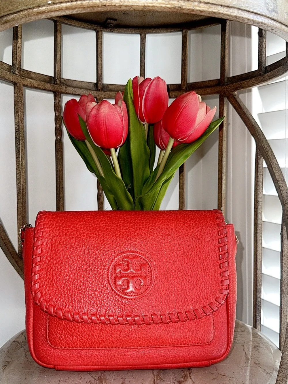 Tory Burch Red Pebbled Leather Whipstitch Crossbody